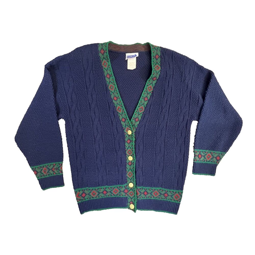 CAPE COD SPORTWEAR CARDIGAN SZ MED CABLE KNIT NAVY GREEN/RED PATTERN VINTAGE
